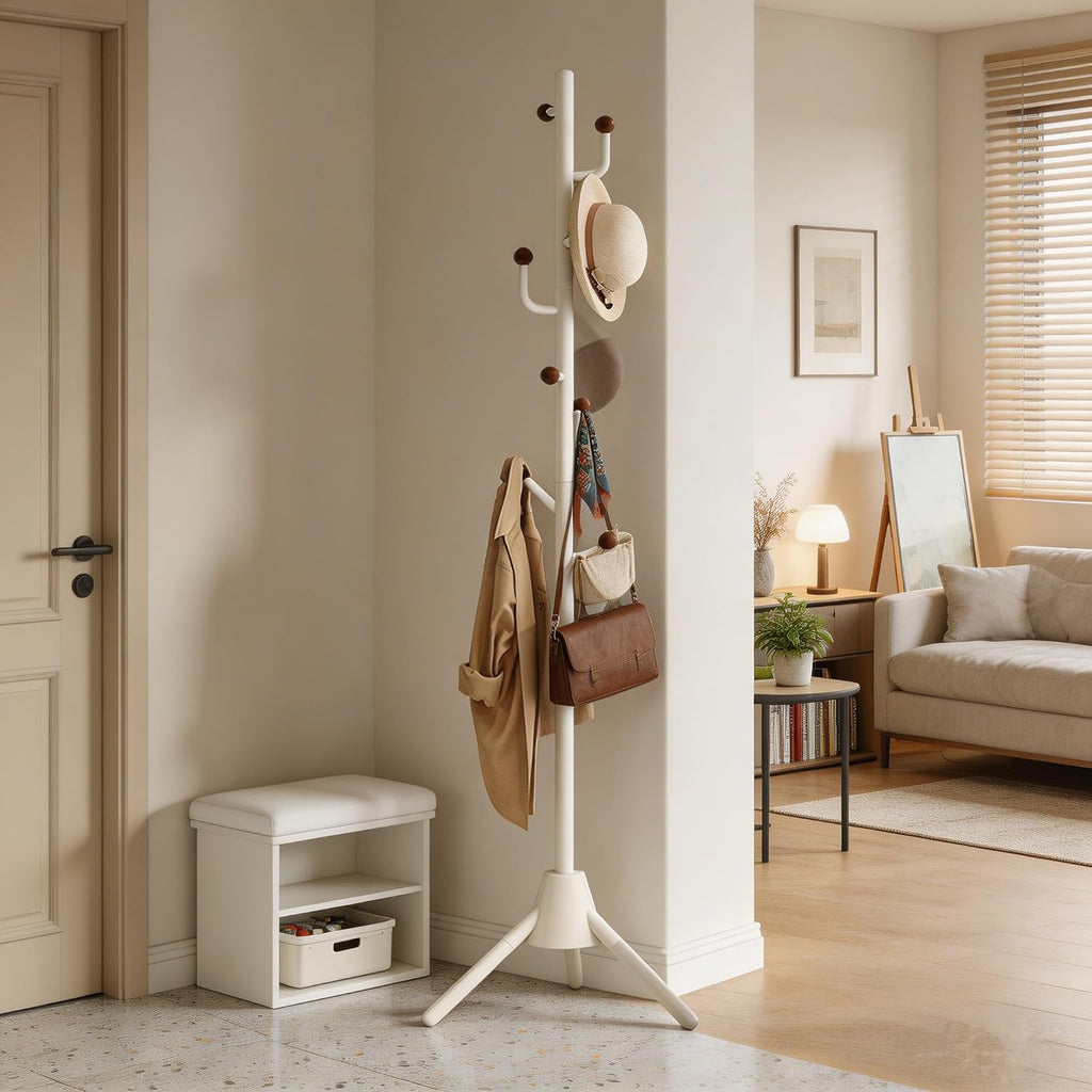 Heavy Duty Coat Rack, 8-Hook Freestanding Metal Clothes Tree Stand for Entryway, Hallway, Bedroom - Sturdy Triangle Base, Non-Tipping, Space Saving, White