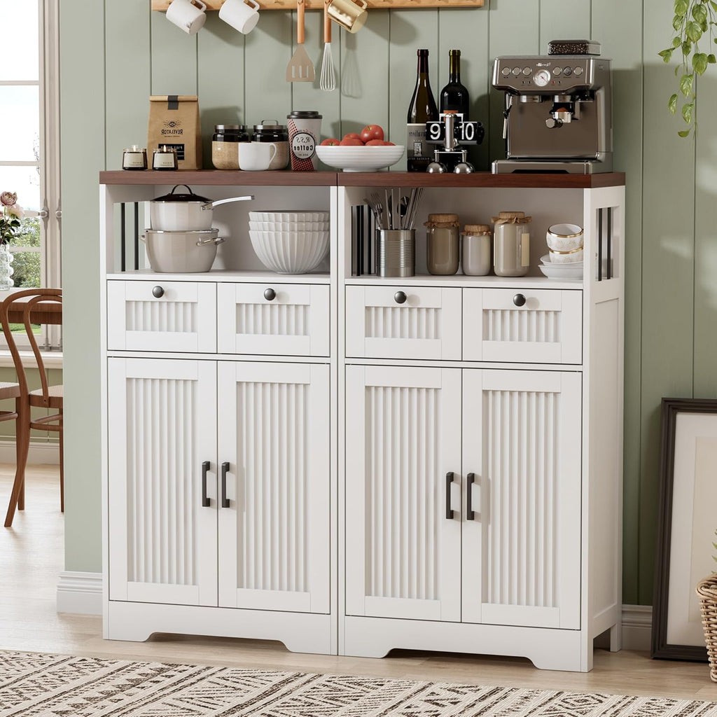 Buffet Cabinet, Fluted Sideboards with 2 Drawers and Doors, Open Compartment & Adjustable Shelf, Small Cabinet for Kitchen, Entryway, Modern White