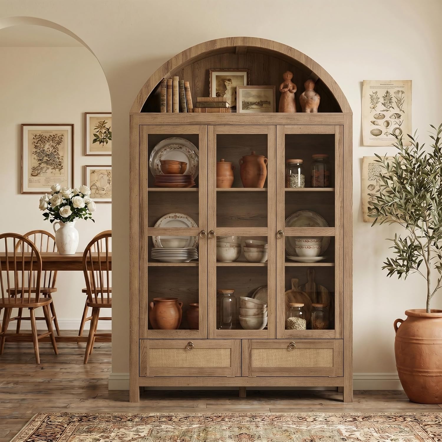 TYBOATLE 75'' Arched Cabinet Classic Farmhouse Design w/Three Glass Doors, Arch Cabinet w/Rattan Drawers and Anti-Tipping Device, Versatile Cupboard for Kitchen, Bathroom, Natural