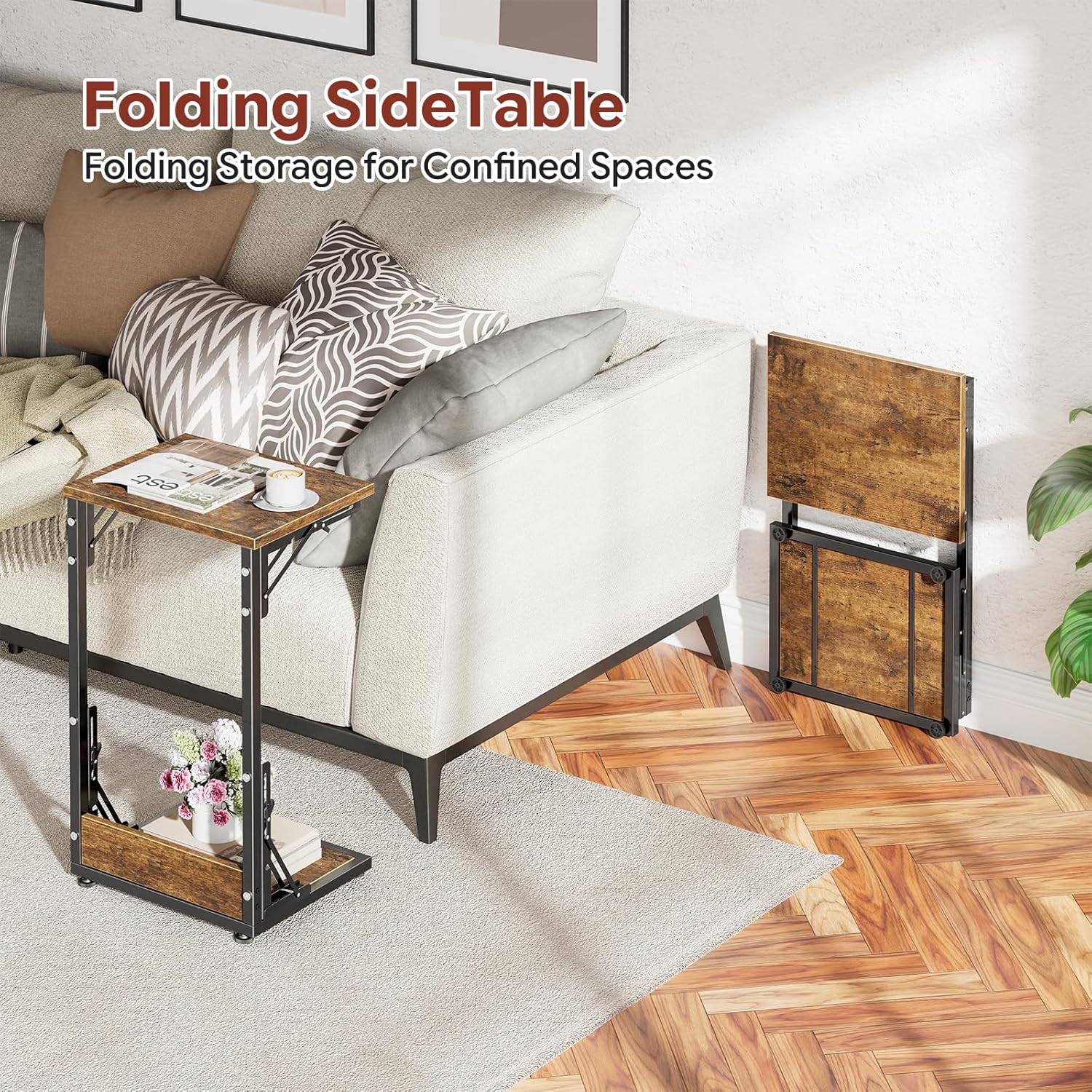 Simple Trending Folding Side Table, C Shaped End Table, TV Tray Couch Table for Living Bedroom, Rustic Brown