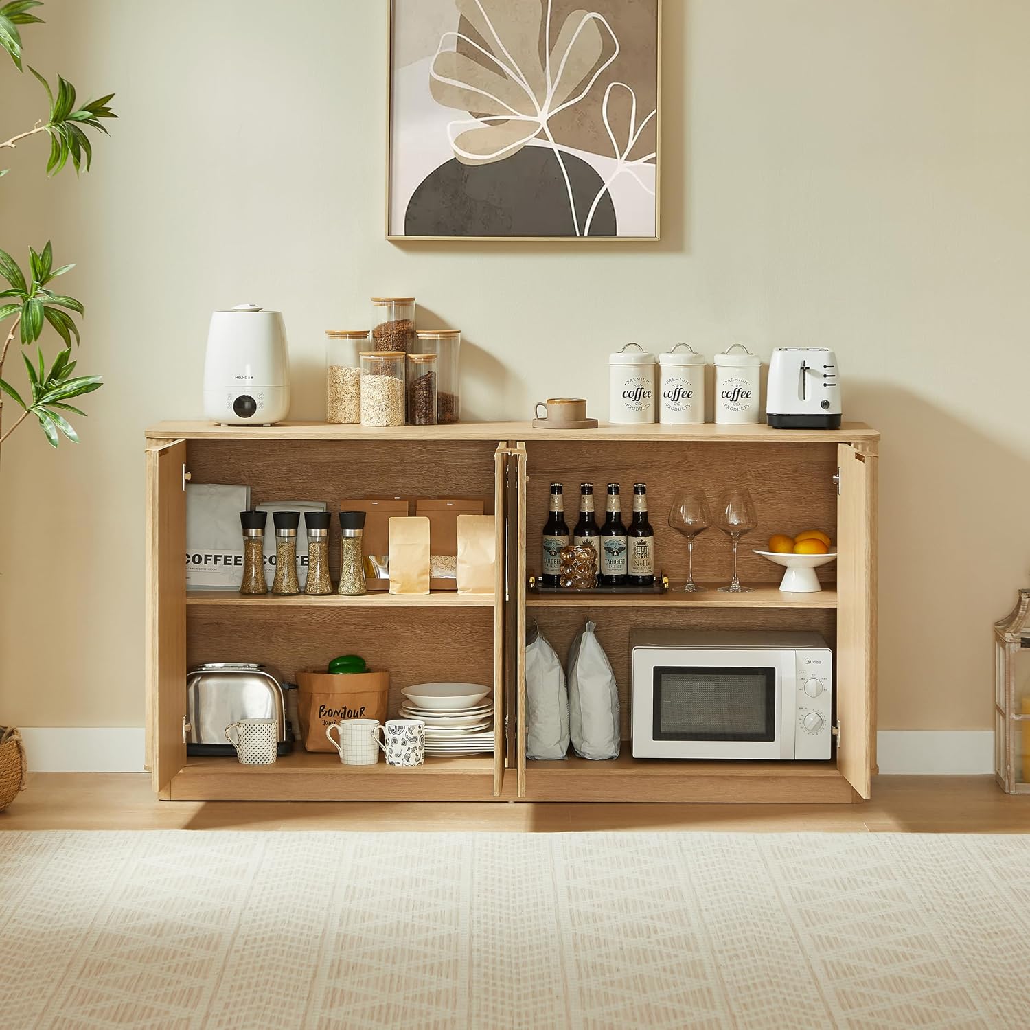 63" Oak Vertical Fluted Sideboard Buffet Cabinet - Modern Storage Cabinet with 4 Doors & Adjustable Shelves for Dining Room, Kitchen & Coffee Bar