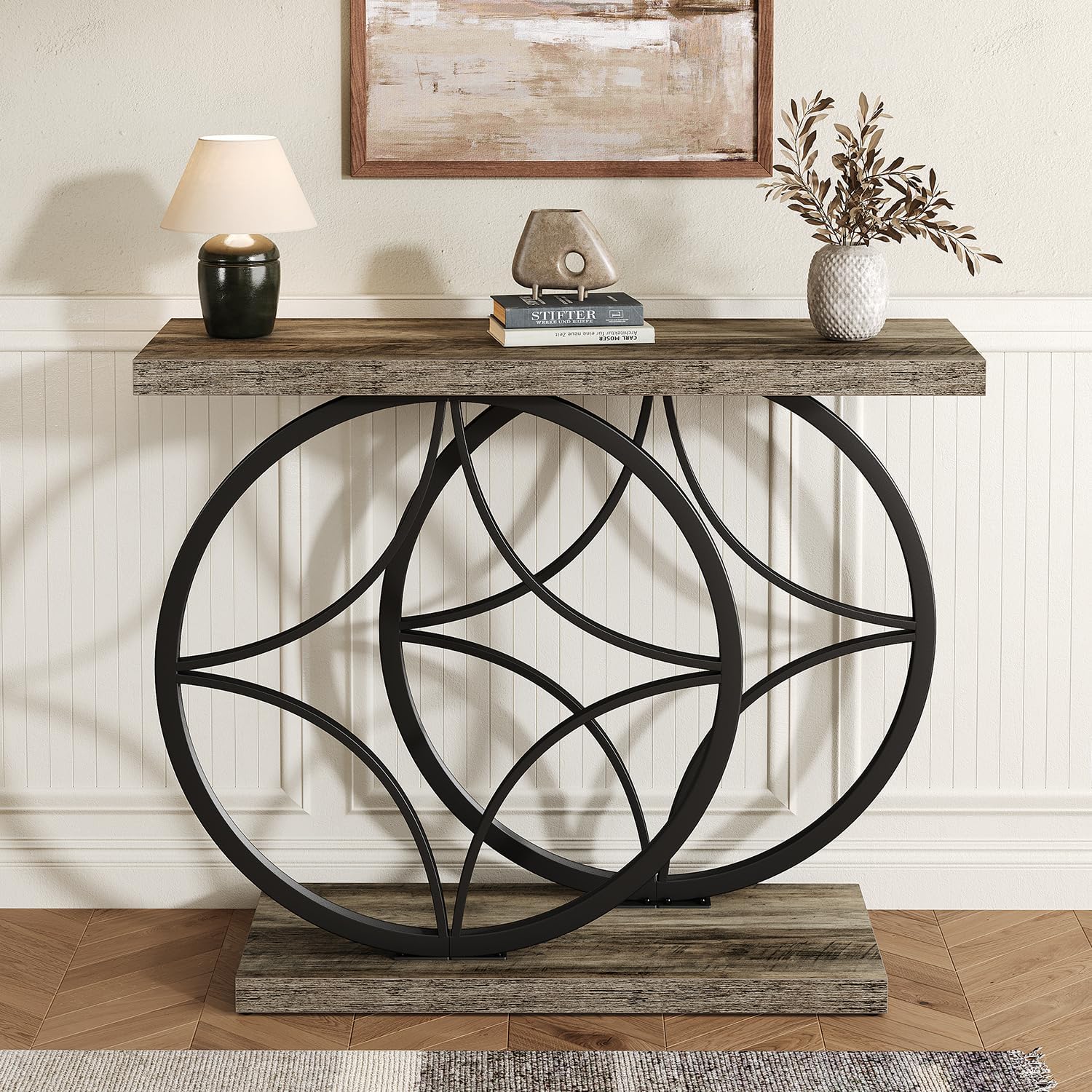 39.4" Entryway Table, Industrial Console Table for Entryway with Anti-Tilt Design, Narrow Wood Accent Sofa Table Behind Couch with Double Circle Base for Hallway, Living Room, Foyer (Industrial Grey)