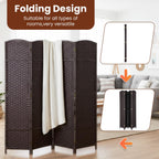 FDW Room Divider 4 Panel Screen 5.6 Ft Tall Partition Privacy Screens Folding Room Separation Free Standing Waterproof Wood Frame Wall Divider, Dark Brown