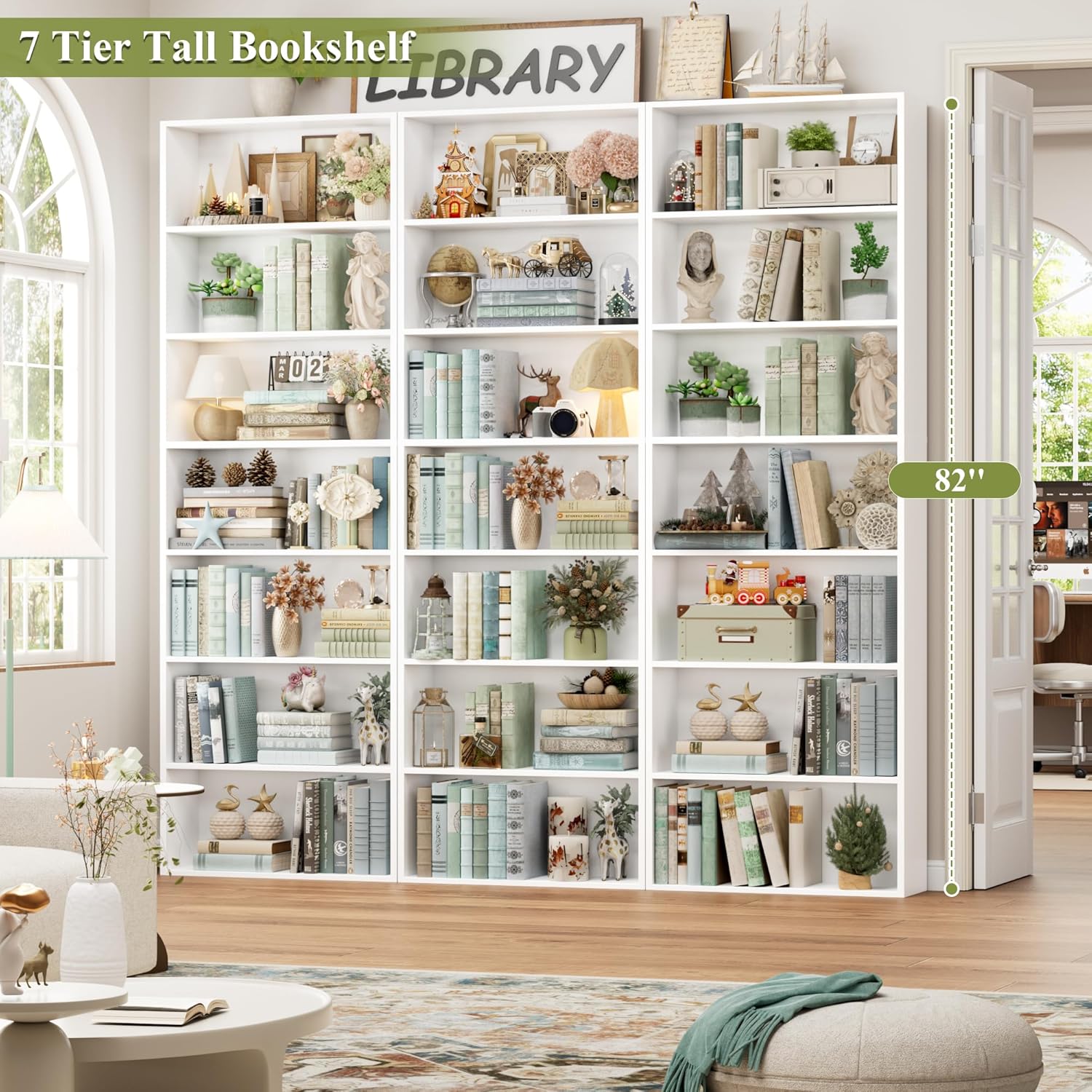 FACBOTALL 82" Tall Bookshelf, 7-Tier Open Shelves Bookcase, Freestanding Display Storage Shelves, Tall Bookcase Home Decor Furniture for Home Office, Living Room, Bedroom, White
