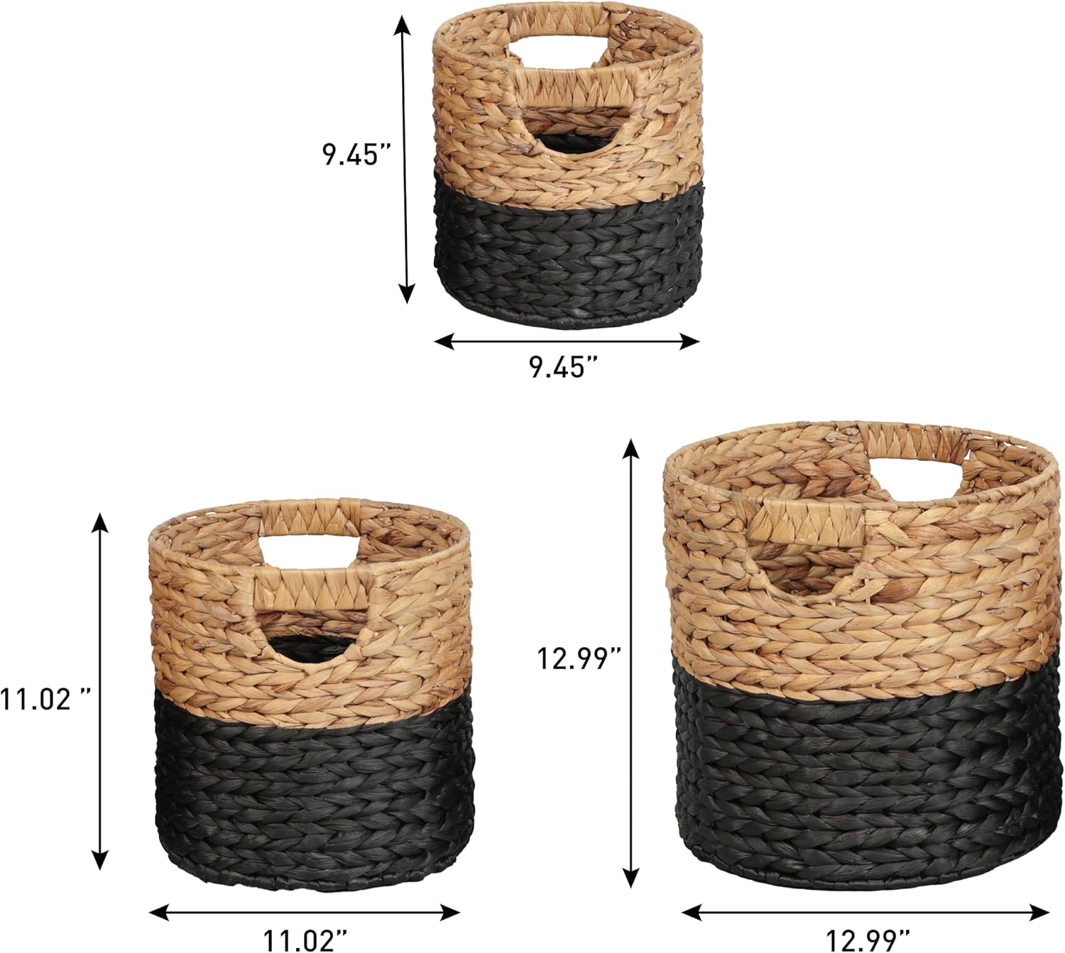 happimess BSK2011D-3SET Avery Bohemian Cottage Handwoven Hyacinth Cylinder Nesting Baskets with Handles, Natural/Black (Set of 3)