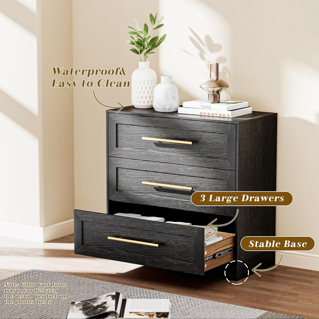 Anbuy Night Stand Large Bedside Side Table with 3 Drawers, Modern Wood Nightstand, Storage End Table with Golden Handles for Bedroom, Living Room (1 Piece, Black)