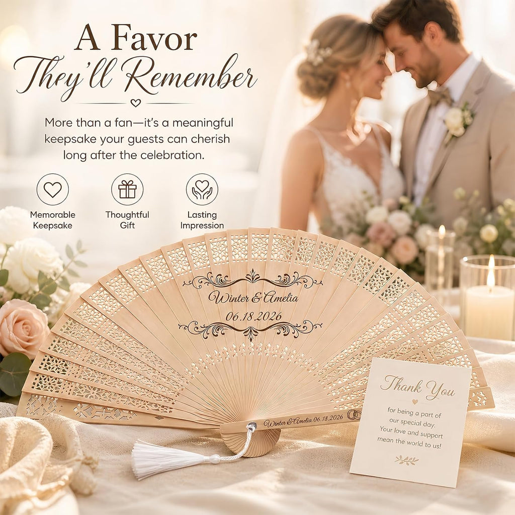 Personalized Wedding Fans for Guests Bulk– Custom Wooden Handheld Folding Fans for Wedding Favors, Baby Showers & Birthday & Party Gifts | Favors for Guests with Organza Bags & Tassels (30Pcs)