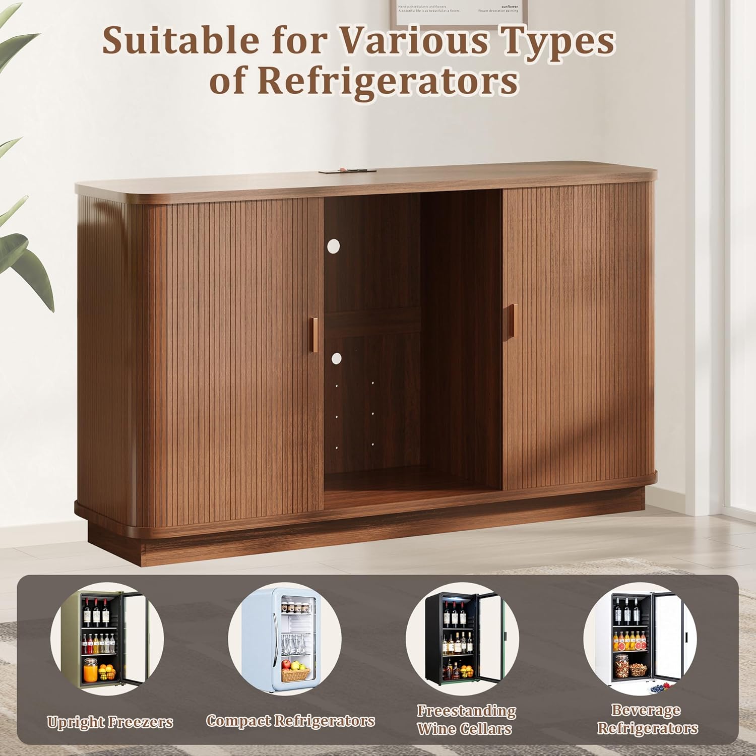 Coffee Bar Cabinet with Fridge Space, Liquor Wine Bar Cabinets with Wine Rack and Glass Holder, Mini Fridge Cabinet with Storage, Fluted Buffet Sideboard for Living Room, Home, Kitchen