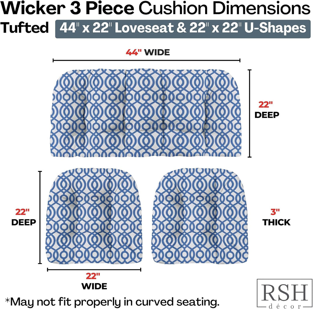 RSH DECOR: 3-Piece Wicker Tufted Cushion Set | 44” x 22" & 22" x 22" | All-Weather Spun Fabric | Water-Resistant | Outdoor Loveseat & U-Shape Cushions for Patio Furniture | Made in USA (Capilla Blue)