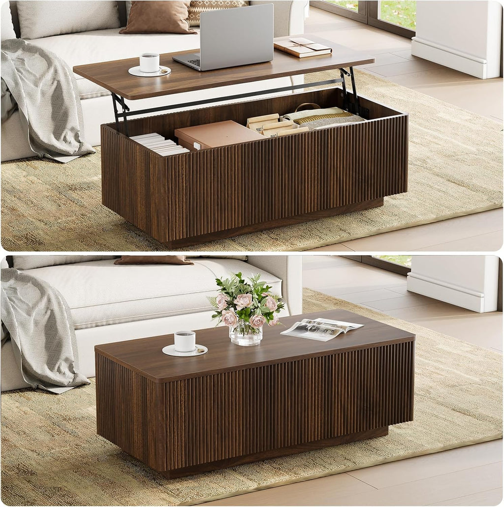 FABATO Mid Century Modern Coffee Table, Wooden Fluted Center Table with Large Hidden Compartment, 41.7” Rectangle with Round Corners, Lift Up Farmhouse Wood Table for Living Room, Home Office, Walnut