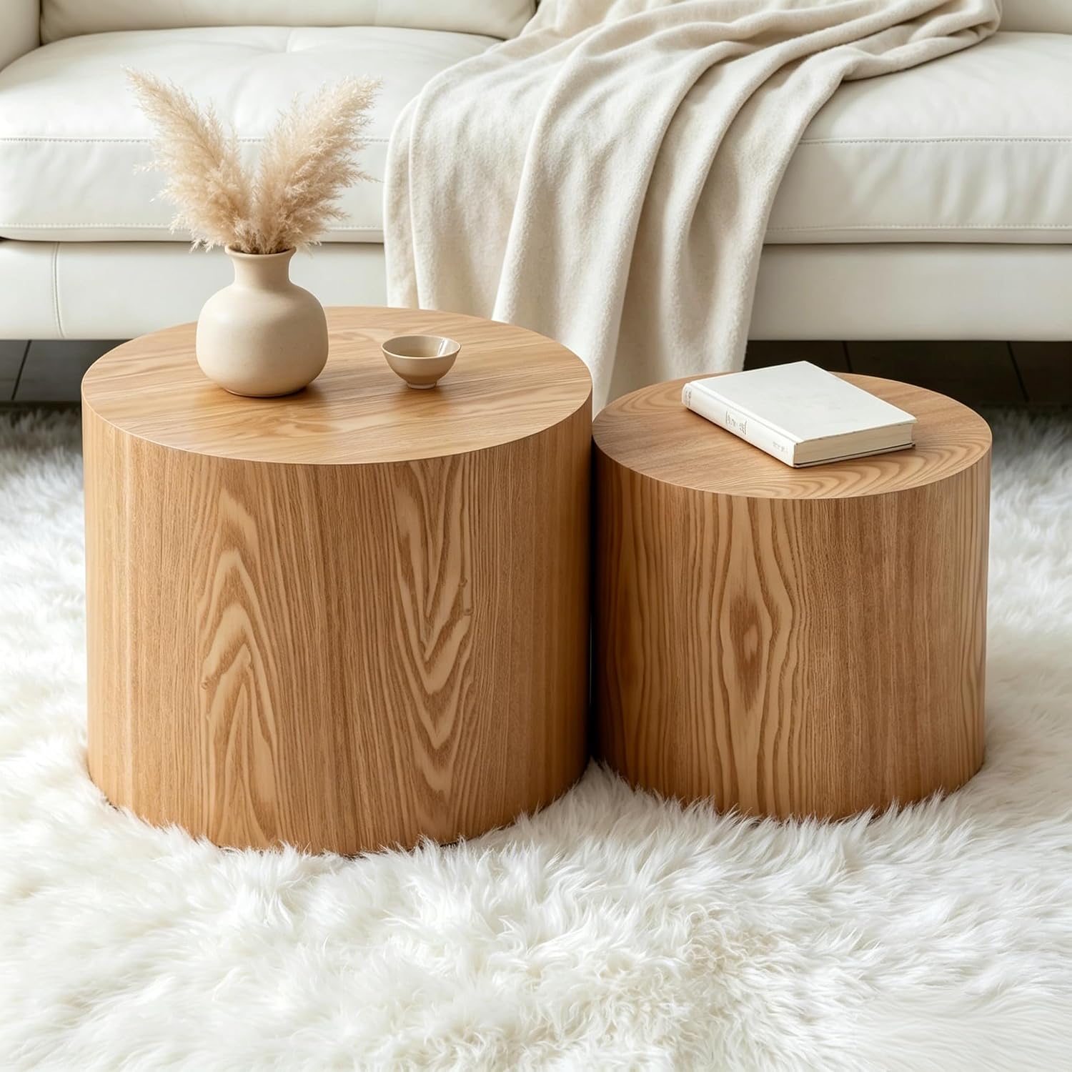 Small Wood Side Table Round Nesting End Table Coffee Tables Nesting Tables Set of 2 for Living Room Bedroom Office No Need Assembly Oak 18.8" W x 14.9" H