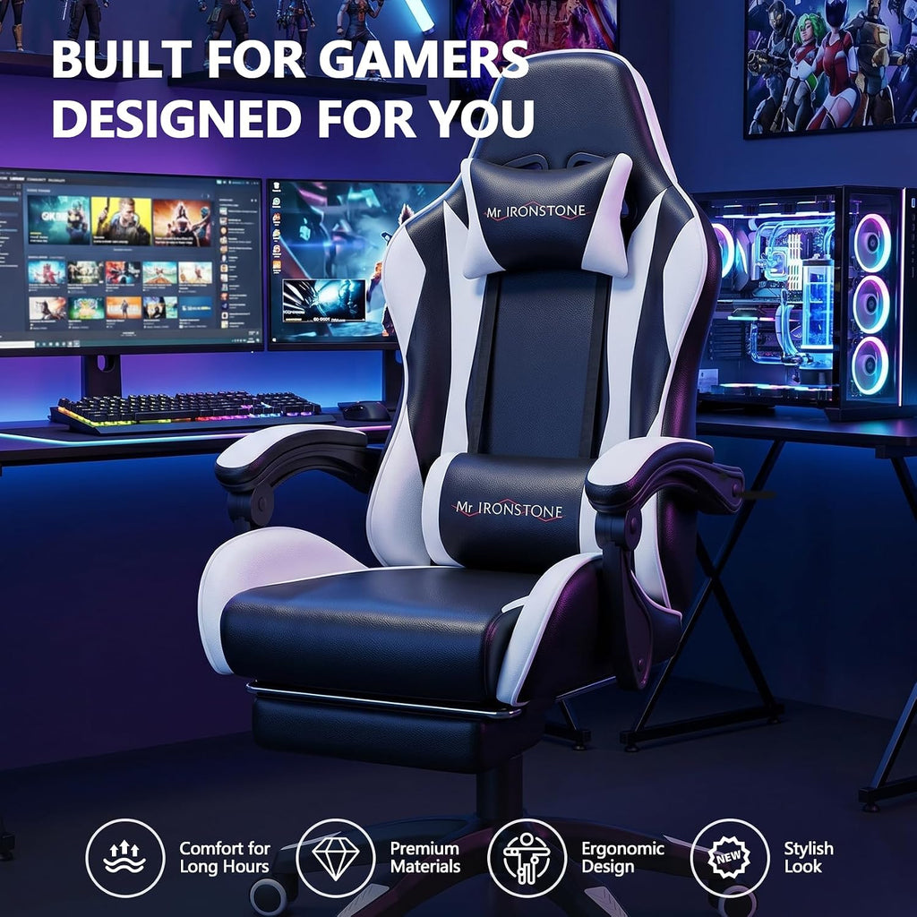 Mr IRONSTONE Gaming Chair with Footrest, Ergonomic Reclining Gamer Chair with Lumbar Support & Massage, High Back Racing Style Video Game Chair, Adjustable Headrest, Swivel Desk Chair, Black