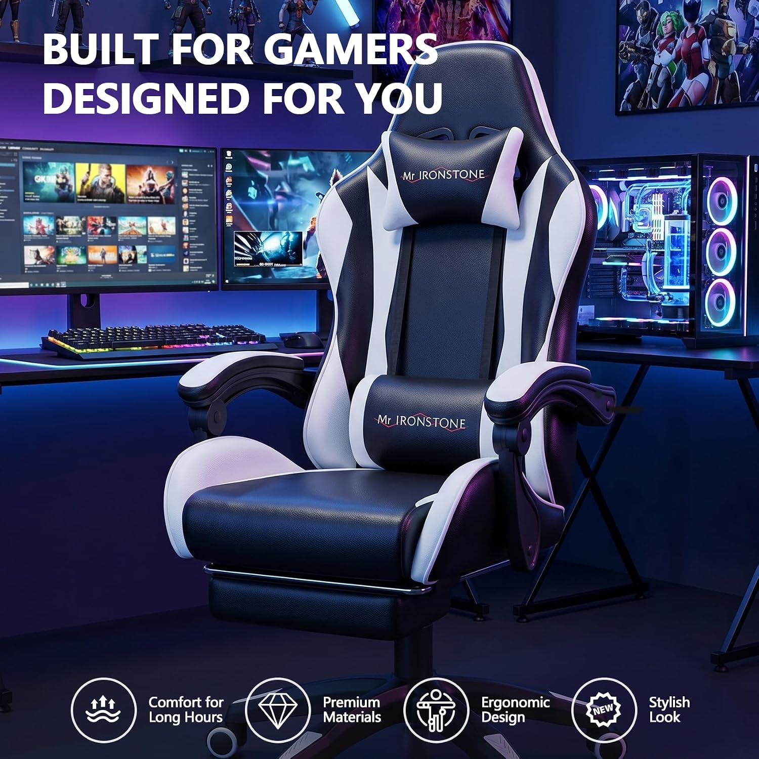Mr IRONSTONE Gaming Chair with Footrest, Ergonomic Reclining Gamer Chair with Lumbar Support & Massage, High Back Racing Style Video Game Chair, Adjustable Headrest, Swivel Desk Chair, Black