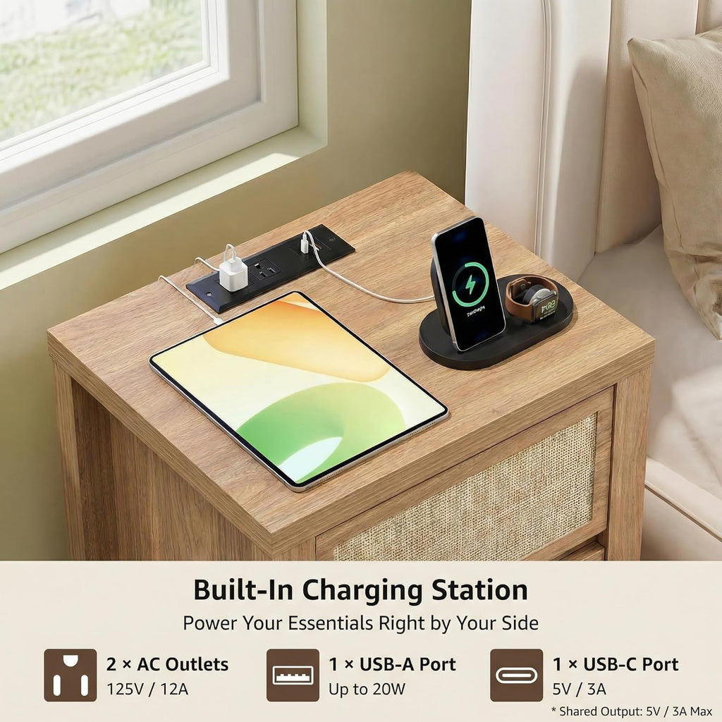 XIAO WEI 23.6“W 3 Drawer Set of 2 Rattan Nightstand with Charging Station, Boho Bedside Table, Tall End Table for Bedroom, Wood Accent Bed Side Table with Storage, Reclaimed Light Oak
