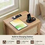 XIAO WEI 23.6“W 3 Drawer Set of 2 Rattan Nightstand with Charging Station, Boho Bedside Table, Tall End Table for Bedroom, Wood Accent Bed Side Table with Storage, Reclaimed Light Oak