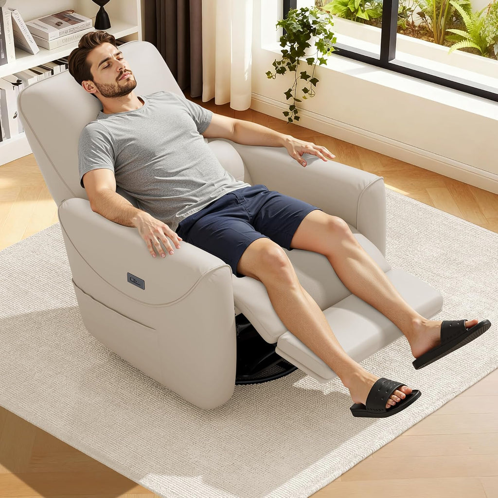 KINGYES Nursery Recliner Rocking Chair, 270° Swivel Glider, with Bluetooth Speaker & USB-C Port, Faux Leather Nursery Rocking Chair, Gray