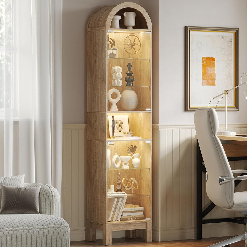 71" H Narrow Arched Display Cabinet with Glass Doors & 8-Tier Shelves, Slim Curio Cabinets with LED Lights for Collectibles/Perfume, Tall Storage Cabinets for Corner, Small Space (Oak)