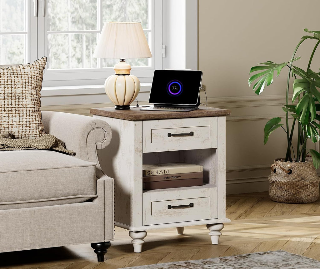WAMPAT Set of 2 End Tables Nightstands with Charging Station, Sofa Side Tables for Living Room with Drawers & Shelf, Farmhouse Night Stand Wooden Bedside Table for Bedroom, Antique White