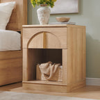 ACCOHOHO 18" Nightstand Set of 2 with Arched Panel,Natural Oak | Bedside Table & Side End Table with Charging Station, Drawer Storage, and Open Shelf for Bedroom & Living Room