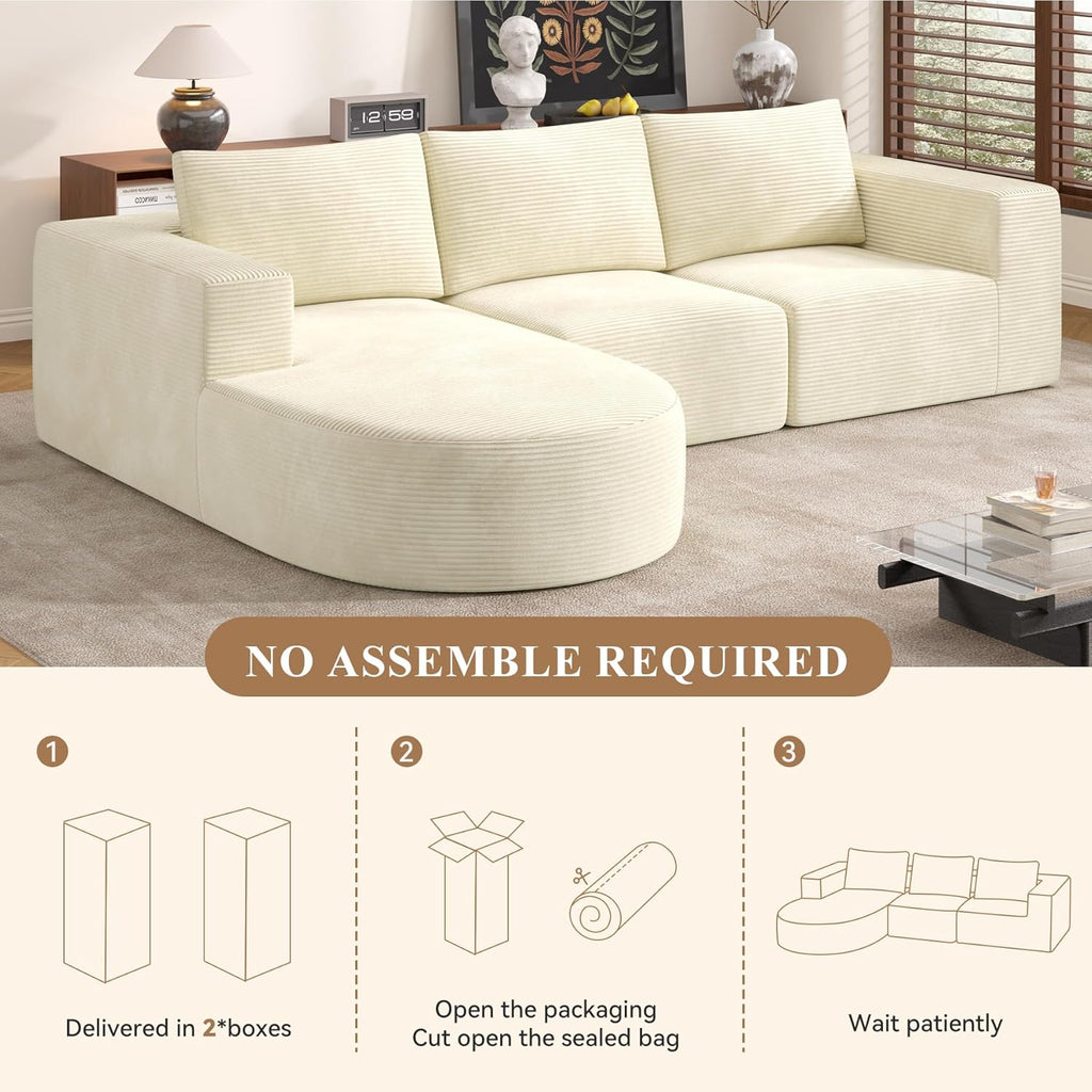 L-Shaped Boneless Couch,104" Couches for Living Room with Curved Chaise,Modular Sectional Sofa with Deep Seat,Modern Cozy Cloud Compression Sofas,No Assembly Required(Beige) 1PCS
