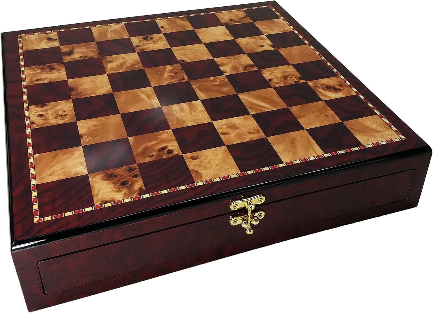 20 inch High Gloss Chess Storage Board Cherry and Burlwood Color 2 1/8 inch Squares