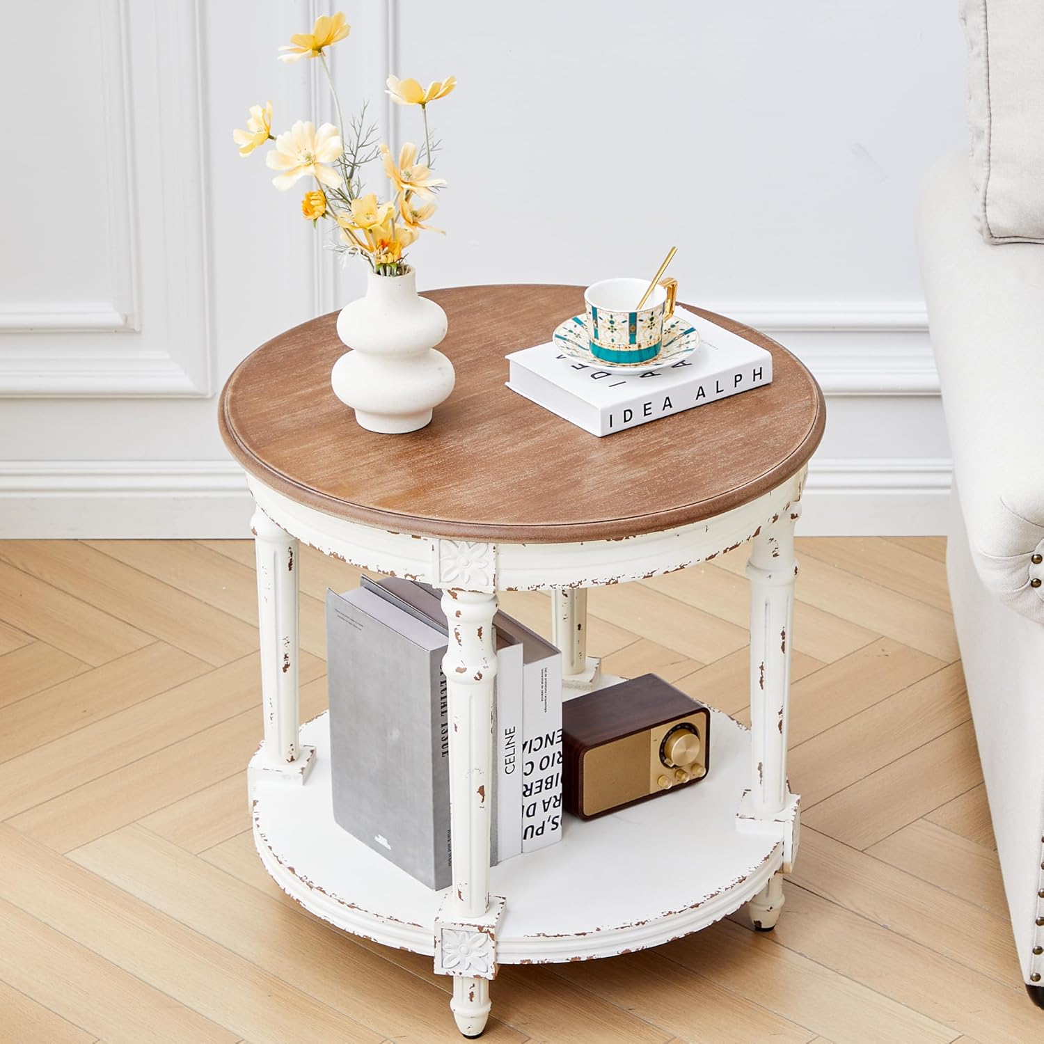 BERRYMERRY 23.6" French Country Two Tone Round End Table,Chipped White Vintage 2 Tier Side Table for Living Room Small Space,Easy Assembly (White 1 PC)