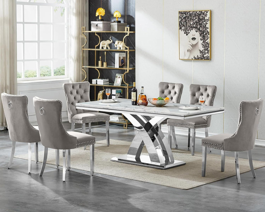 68" Marble Dining Table Set for 6, Modern Rectangle Dining Room Table Set for 6, Luxury White Silver Marble Kitchen Table and Chairs Set of 6 for Living Room,Kitchen