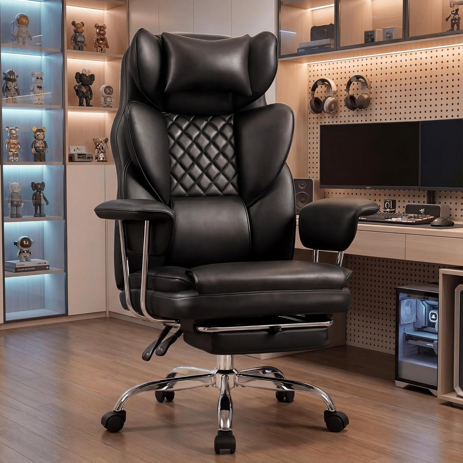 NEO Chair Big and Tall Offie Chair Gaming Computer Chair High Back Heavy Duty Desk Chai with Lumbar Support Adjustable Recliner Footrest Wide Seat Leather Executive Home with Wheels (Leather Black)