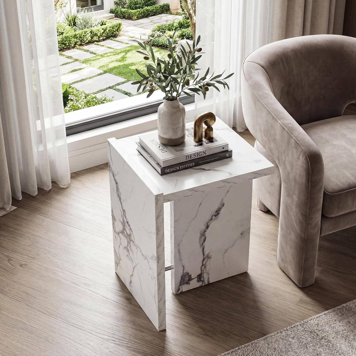 Modern End Table with Faux Marble Finish, White Marble Vein Side Table, Space Saving Sofa Accent Table, Small Nightstand Table for Living Room, Bedroom, Small Apartment
