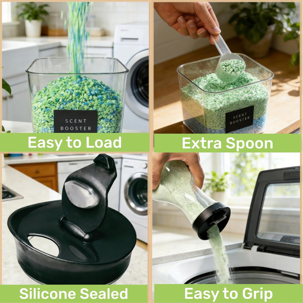 3+2 Pack Laundry Pods Containers & Dryer Sheet Holder & Laundry Detergent Dispenser, Laundry Room Organization and Storage Jars with Lids, Labels and Scoops for Scent Booster, Powder, Pods