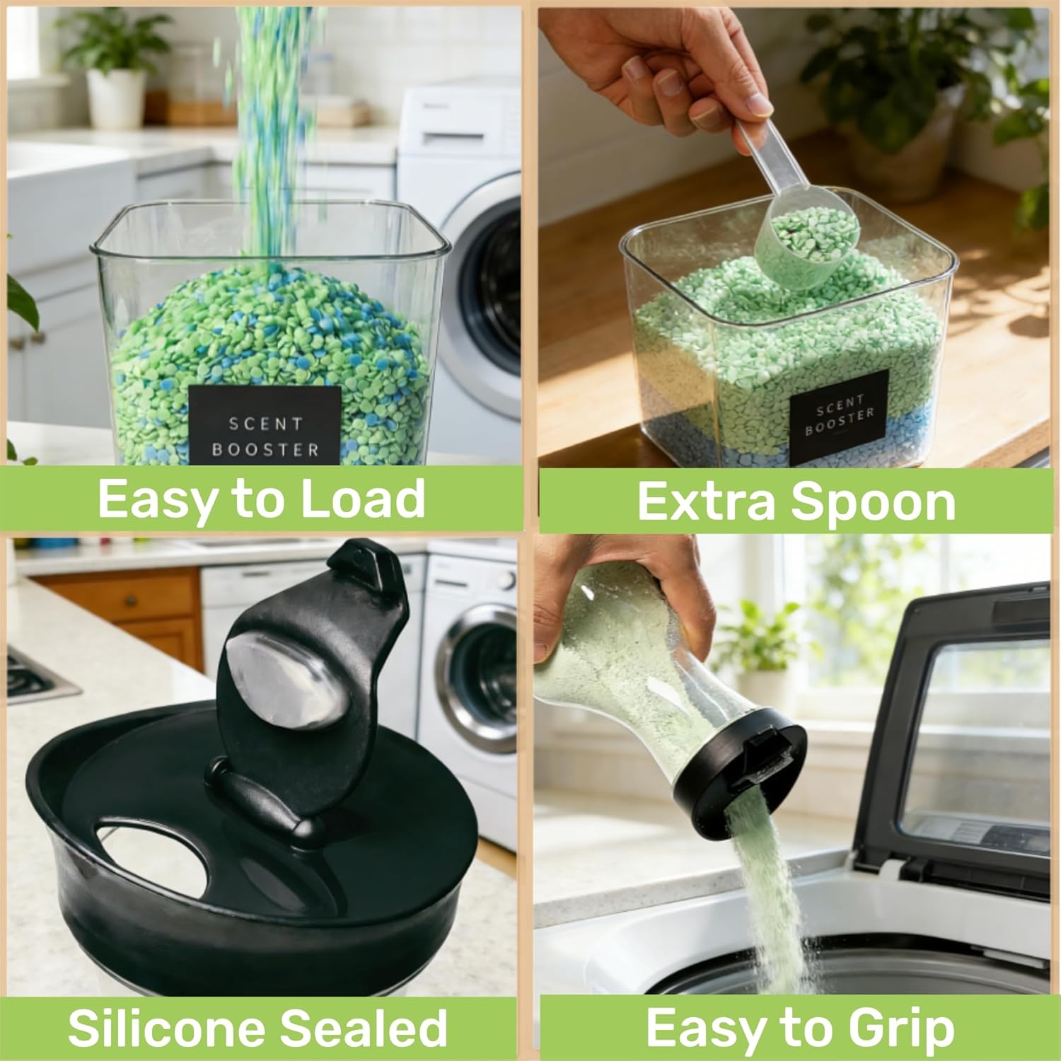 3+2 Pack Laundry Pods Containers & Dryer Sheet Holder & Laundry Detergent Dispenser, Laundry Room Organization and Storage Jars with Lids, Labels and Scoops for Scent Booster, Powder, Pods