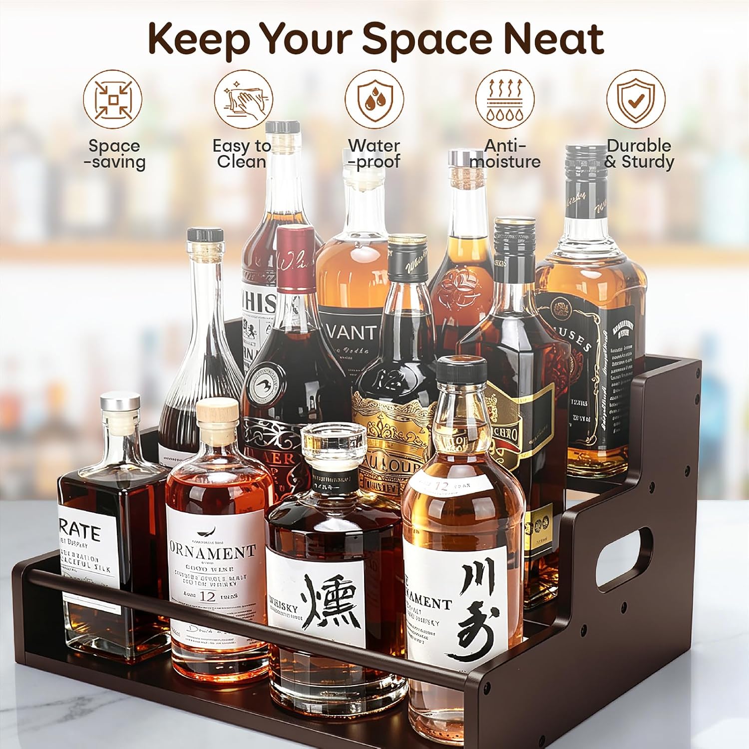 Liquor Bottle Display Shelf, 3 Step Countertop Liquor Wine Rack | Coffee Syrup Rack Organizer with handles, Bar Shelf Stand, Whiskey Spirits Wine Holder for Liquor Cabinet, mini bar, Home bar