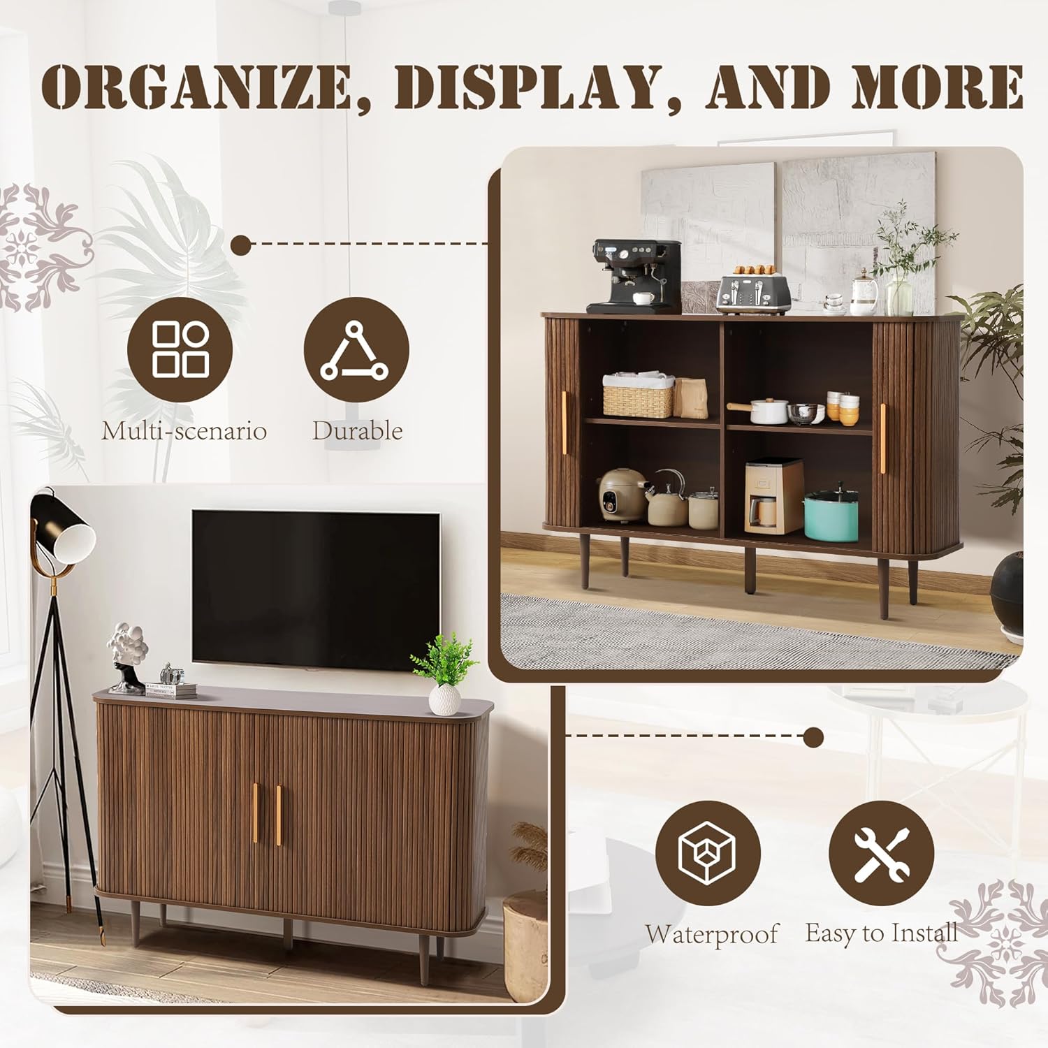 47" Fluted Buffet Cabinet with Tambour Sliding Doors, Modern Sideboard Buffer Cabinets with Storage & Adjustable Shelves, Mid Century Credenza Accent Cabinet for Living Room Entryway (Brown)