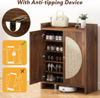 Shoe Cabinet Storage for Entryway - Rattan Entry Way Shoe Storage Cabinet with Adjustable Shelves, Wood Shoe Organizer Cabinet, Accent Cabinet with Doors for Entrance Hallway Living Room Foyer