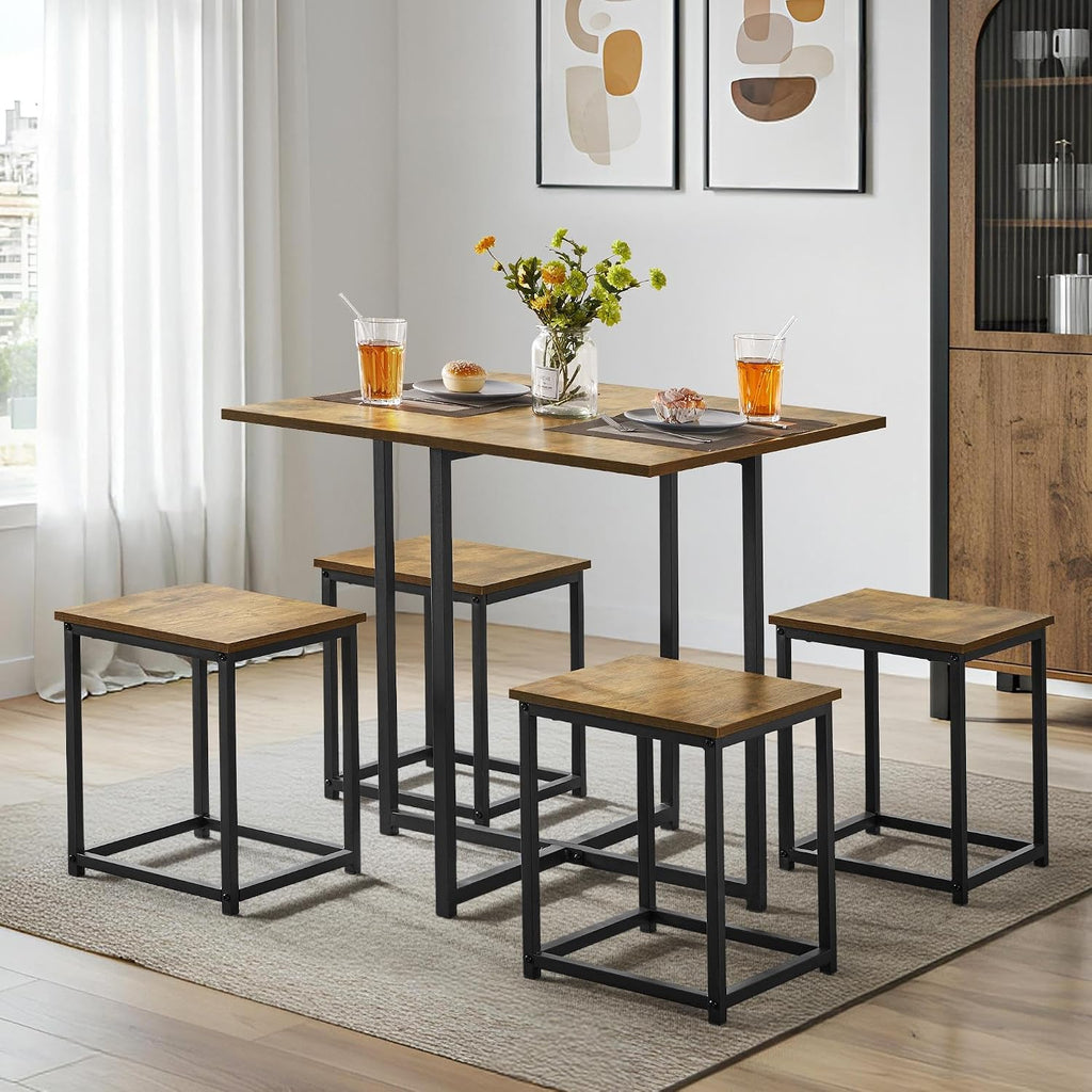 Yaheetech Industrial Dining Table Set for 4 Compact Kitchen Table and 4 Stools Space Saving Home Furniture for Small Space, Rustic Brown