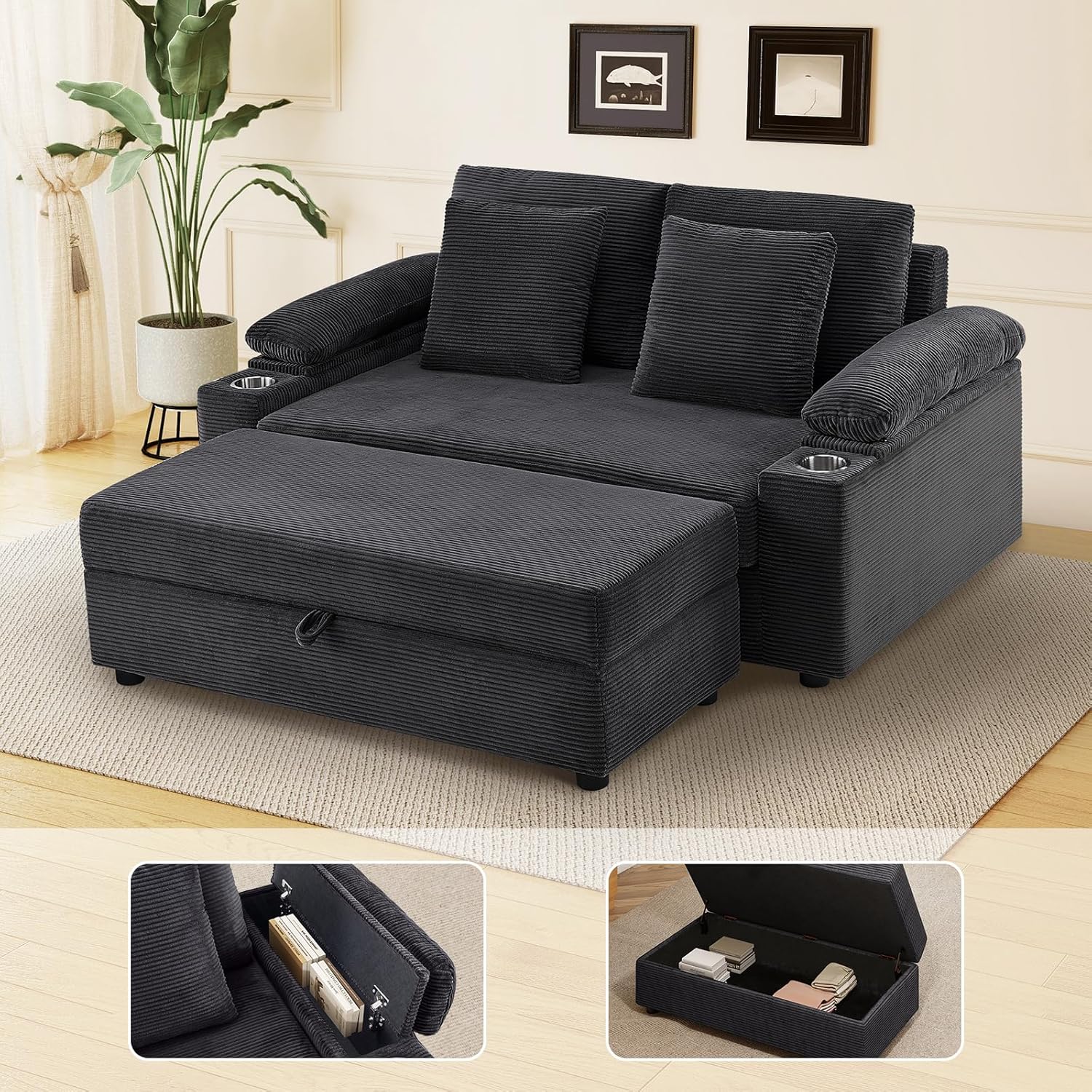 Furnimart Oversized Chaise Lounge Chair Indoor, Corduroy Upholstered Sleeper Sofa Bed with Solid Frame & Throw Pillows, Deep Seat Reading Chair for Living Room, Bedroom, Black