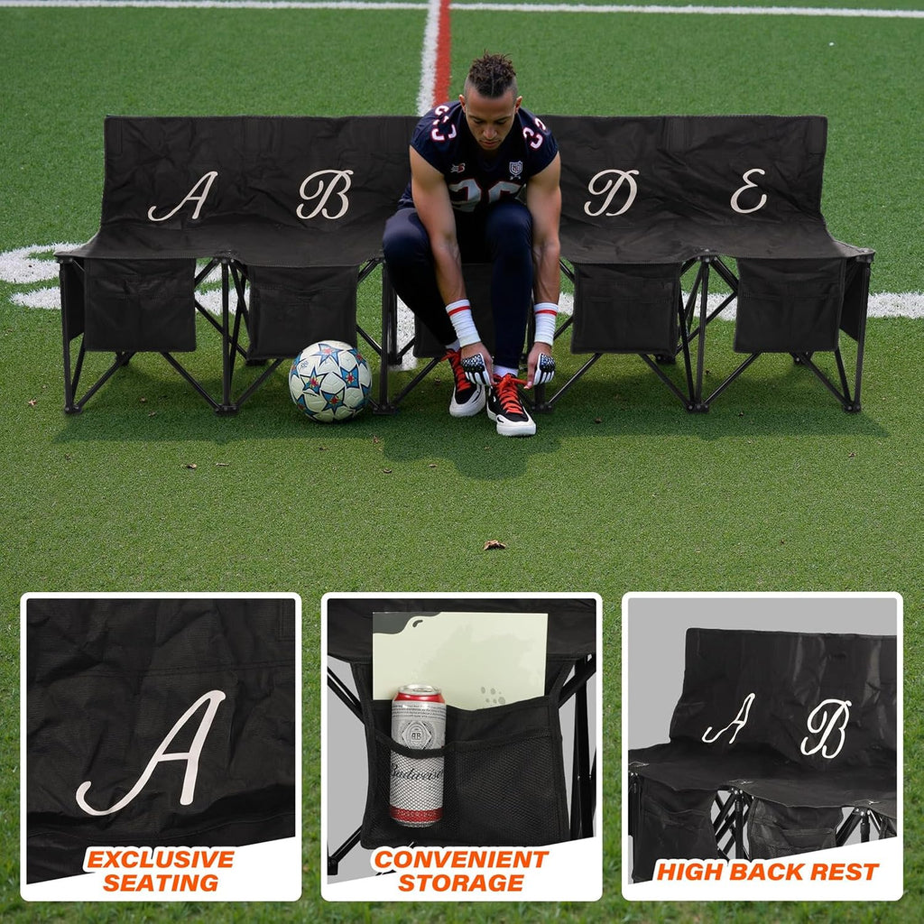 Portable Soccer Bench–5 Seat Folding Team Chair with 7 Individual Storage Pouches–Sideline Seating for Soccer,Baseball,Camping, Folding Bench,Black