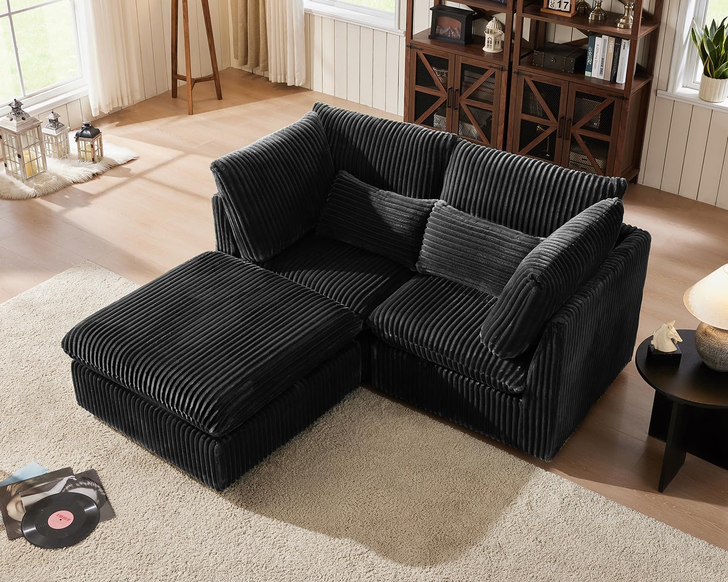 CHIC HOUSE 84" Oversized Corduroy Modular Sectional Sofa, Extra Deep 3-Seater Sofa Fluffy Cloud Couch with Ottoman, Sectional Sleeper Sofa for Living Room, L-Shaped, Plush Corduroy, Black