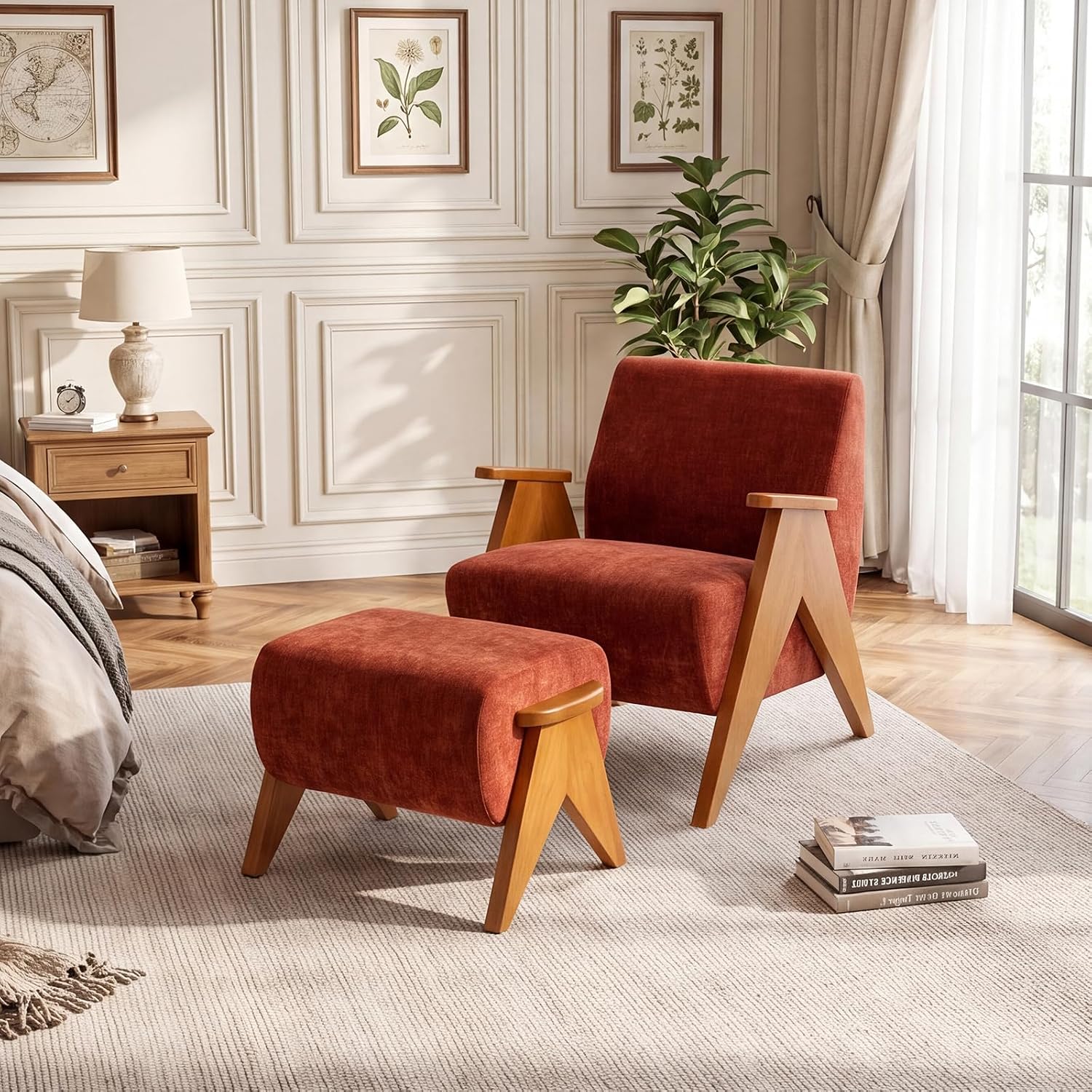 Linen Padded footstools Mid Century Modern Ottoman with Wood Frame, Lounge Upholstered Ottoman, Reading Chair, Sturdy Base, Suitable for Resting Your feet on a Lounge Chair Orange