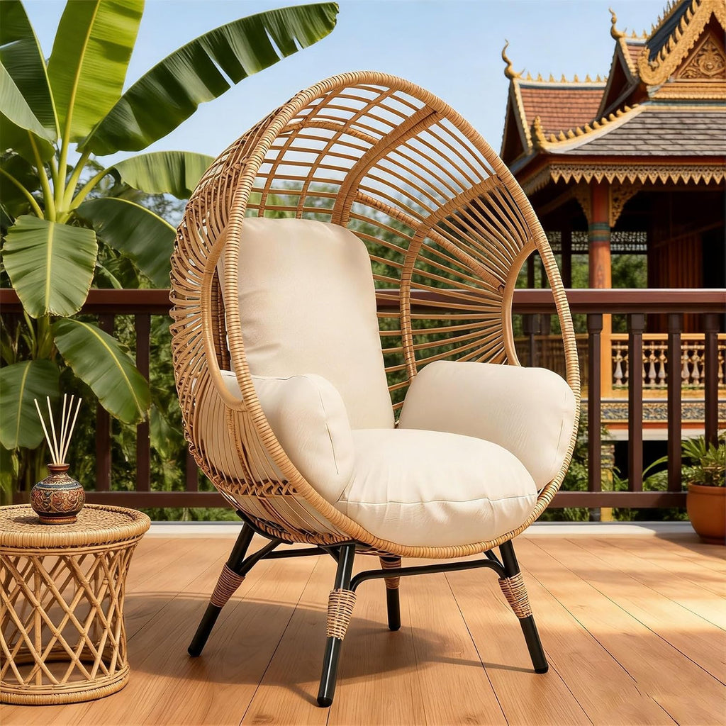 Outdoor Egg Chair Wicker Indoor, 400lbs Capacity, 8-Inch Deep Cushion, Semi-Enclosed Balcony Chairs(Natural)