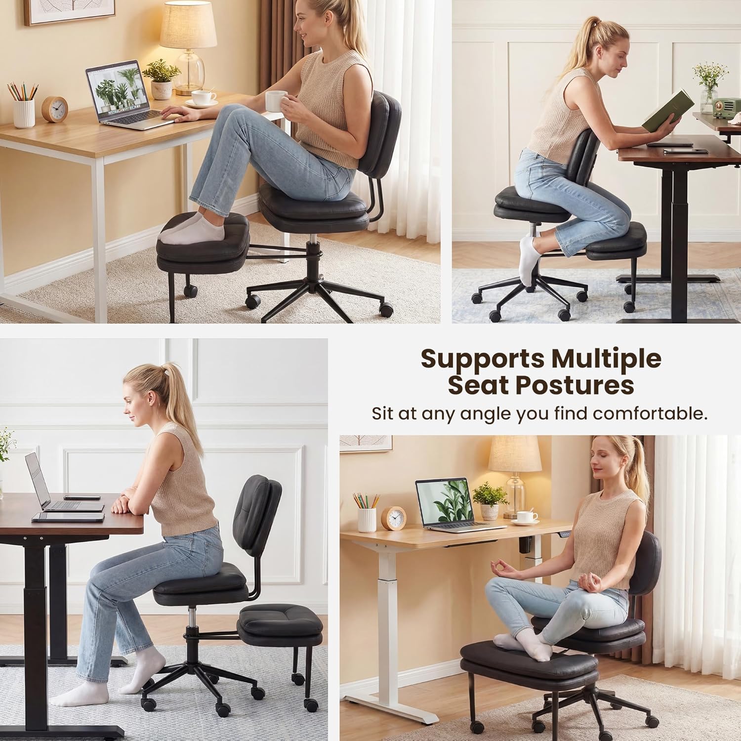 COSIEST Cross Legged Office Chair with Wheels, Ergonomic Kneeling Chair for Adults, Criss Cross Chair with Wide Seat, Comfortable Home Office Desk Chair, 360° Swivel Adjustable Height, Black