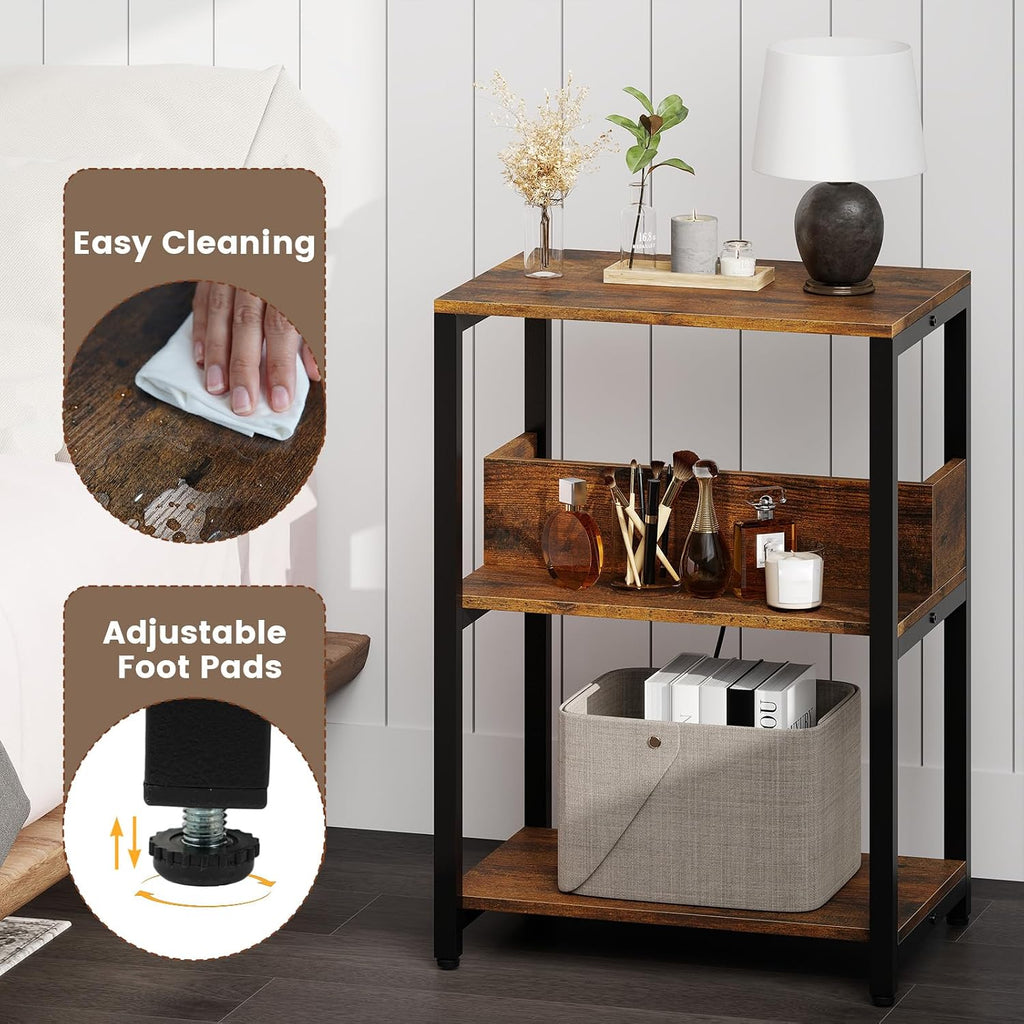 Giantex Side Table with Charging Station - Industrial 3-Tier Bedside Table w/Open Storage Shelves, Sofa End Tables Night Stands for Small Spaces Living Room Bedroom Home Office, Rustic Brown (1)