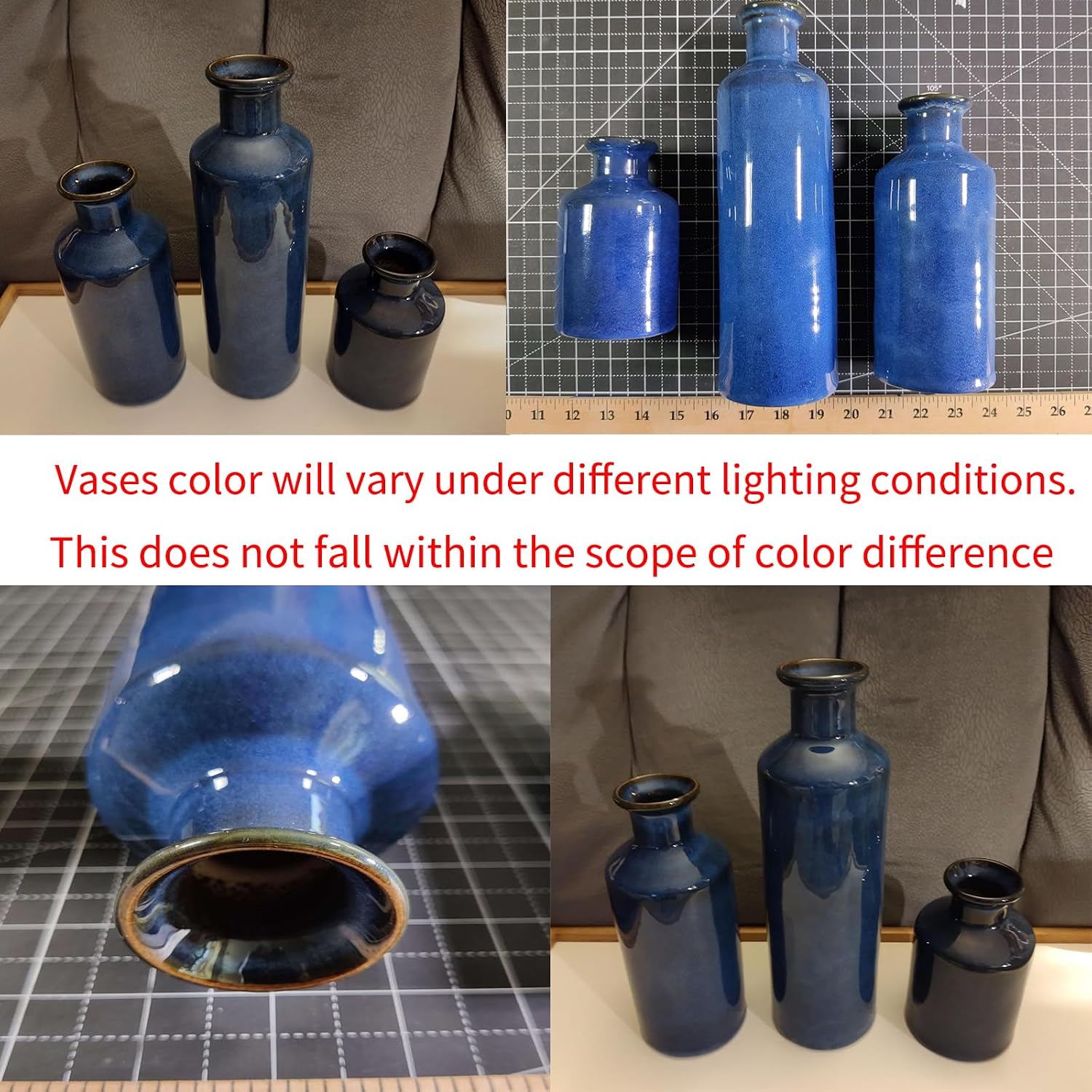Navy Blue Ceramic Vase Set 3 for Home Decor, Dining Table Centerpiece Farmhouse Fireplace Decor, Living Room Decoration, Bookshelf and Entrance Centerpieces