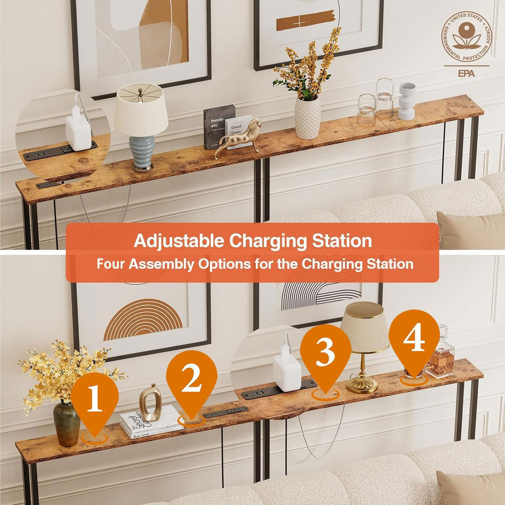 Keelian 78" Narrow Console Sofa Table with Power Outlets & 2 USB Ports, Metal Frame, Rustic Brown, Perfect for Hallway, Office, and Behind Sofa - Easy Assembly, 4.9' Extension Cord Included