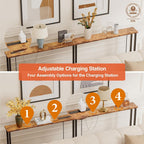 Keelian 78" Narrow Console Sofa Table with Power Outlets & 2 USB Ports, Metal Frame, Rustic Brown, Perfect for Hallway, Office, and Behind Sofa - Easy Assembly, 4.9' Extension Cord Included