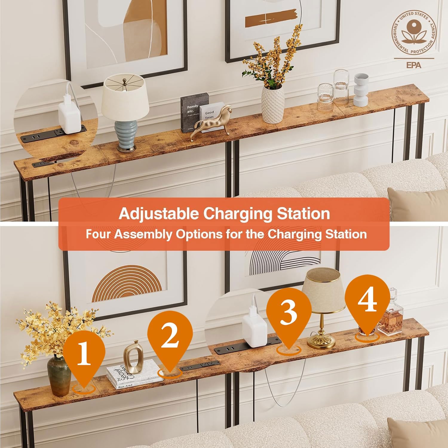 Keelian 78" Narrow Console Sofa Table with Power Outlets & 2 USB Ports, Metal Frame, Rustic Brown, Perfect for Hallway, Office, and Behind Sofa - Easy Assembly, 4.9' Extension Cord Included