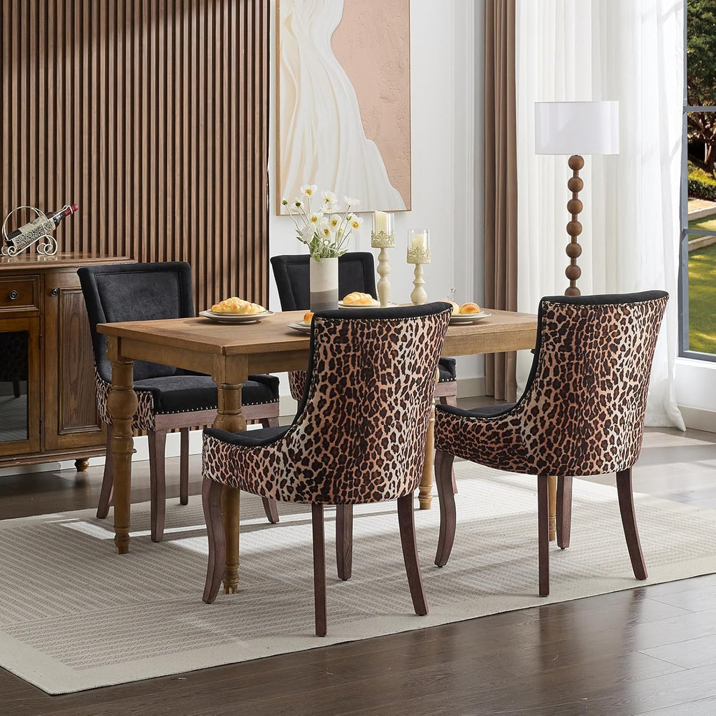 ODUSE-DAILY Dining Chairs Set of 4, Kitchen & Dining Room Chairs, Leopord Fabric Upholstered Dinning Chairs, Sillas De Comedor, Nailhead Trim, Wood Legs (Leopord, 4 Pcs)
