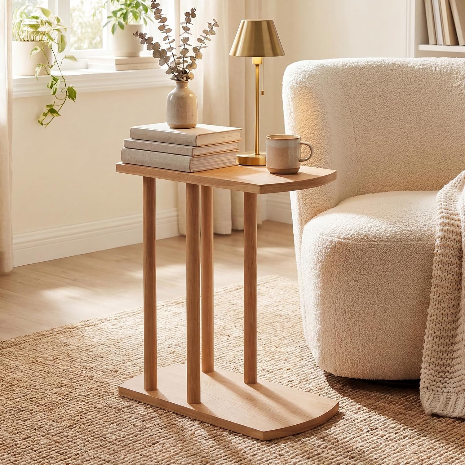 COSTWAY Solid Teak C-Shaped Side Table, Natural Slim 2-Tier End Table with Thick Top & Stable Base, Space-Saving Couch Table for Living Room Bedroom Small Spaces (1)
