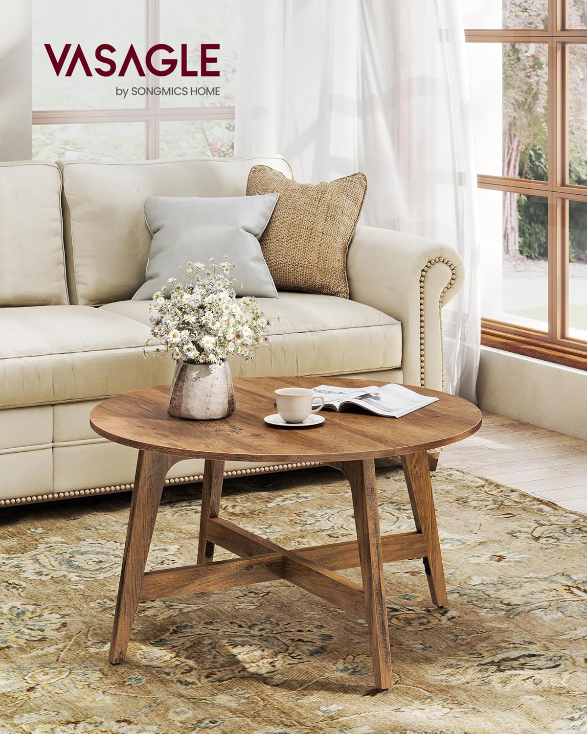 VASAGLE MAEZO Collection - Round Coffee Table, 31.5-Inch Center Table, Tapered Legs, Curved Transitions, Easy to Assemble, for Living Room, Honey Brown ULCT251KB01S