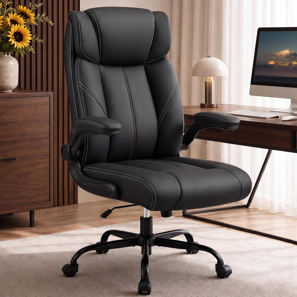 Office Chair, Leather Ergonomic Computer Desk Chair with Rocking Function, High Back Executive Home Office Chair with Adjustable Flip-up Armrests, Lumbar Support, 360° Swivel, Black